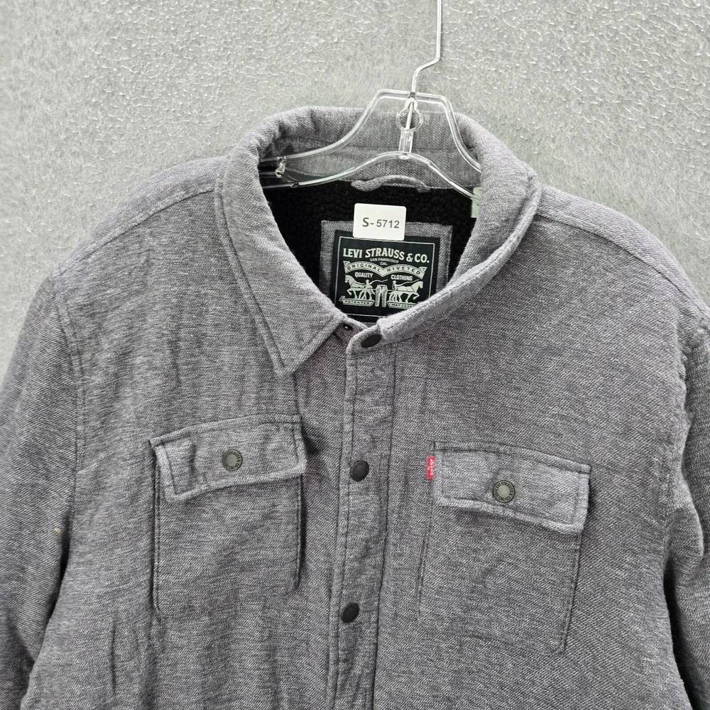 Levi Men Jacket XL Gray Heather Sherpa Lined Shirt Shacket Pockets Collar‎